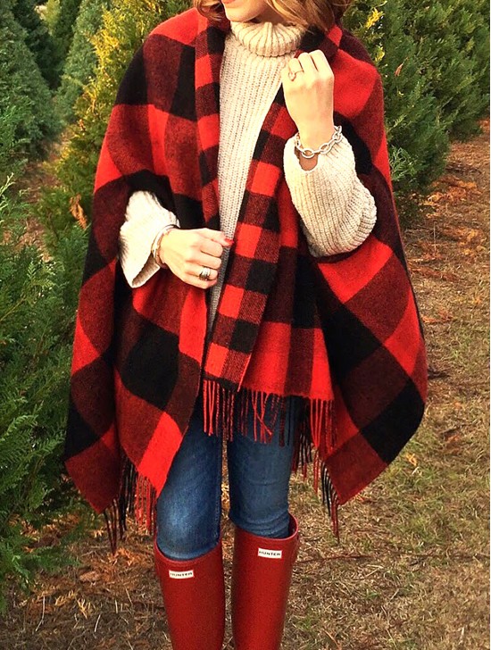 Black and Red Plaid Patterned Cape W/ Fringe.